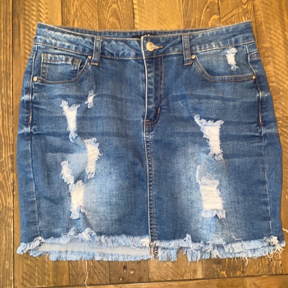 Distressed denim skirt